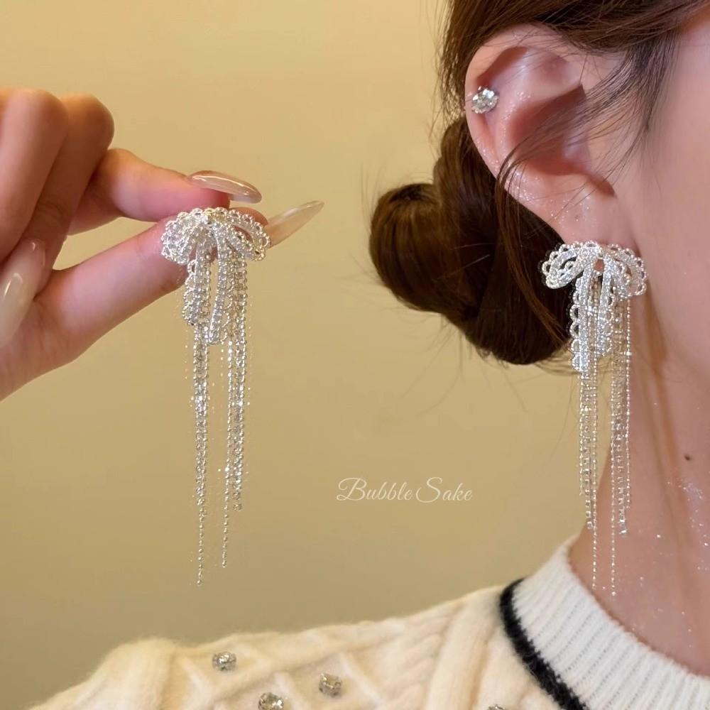 Tassel Detail Bowknot Tassel Earrings Ribbon Bow French Retro Earrings Lady Gift