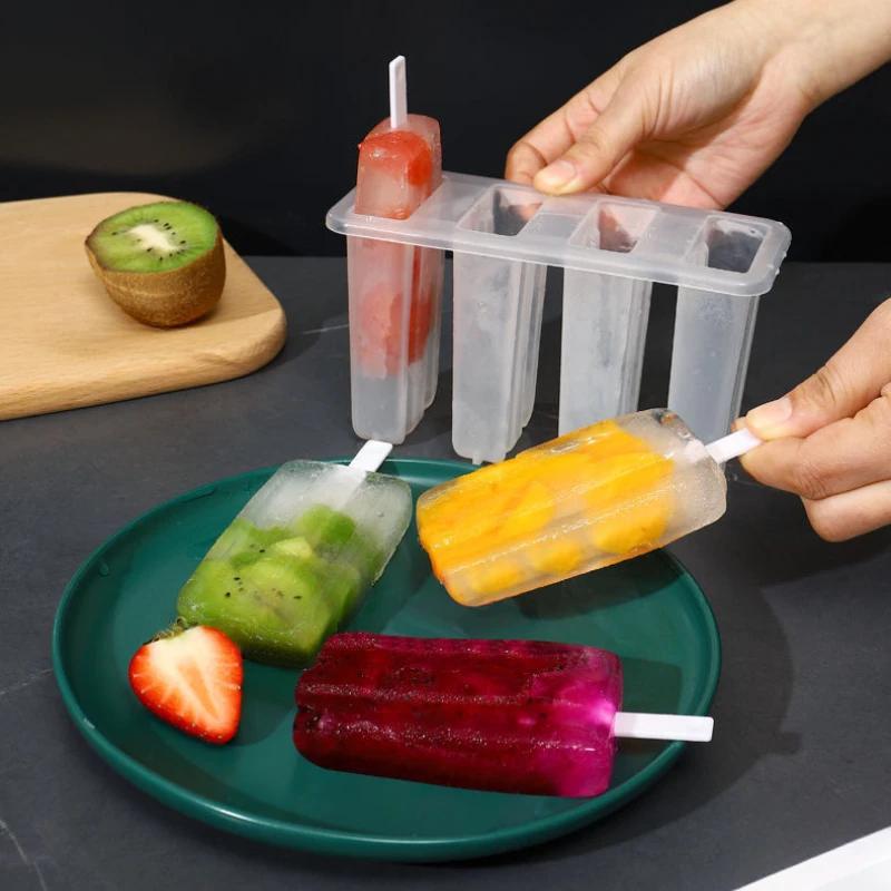 1-10PCS 4 Compartment Ice Cream Molds with Lid DIY Popsicle Maker Box Reusable Frozen Treat Mold for Kids Summer Kitchen Tool