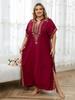 EDOLYNSA Embroidered Red Kaftan Women's Fashionable Robe Boho V-neck Batwing Sleeve Beach Maxi Dress Holiday Cozy House Robe