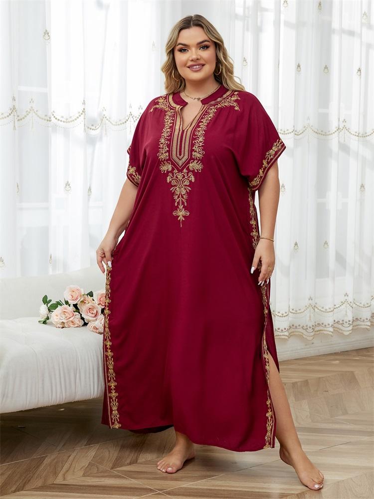 EDOLYNSA Embroidered Red Kaftan Women's Fashionable Robe Boho V-neck Batwing Sleeve Beach Maxi Dress Holiday Cozy House Robe