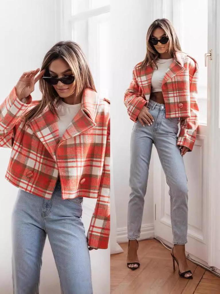 Autumn Plaid Woolen Lapel Jacket - British Style Cropped Design