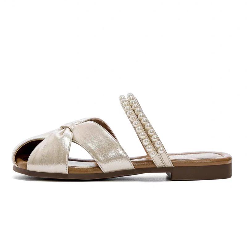 Fashion Pearl Fashion Baotou Slippers Women's Outside Wear 2025 Summer New Flat Soft-sole Temperament Slip-on Slippers