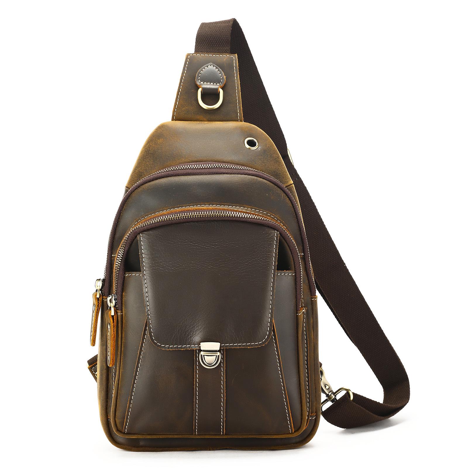 

Винтажная мужская нагрудная сумка Crazy Horse из натуральной кожи, многофункциональная повседневная нагрудная сумка из натуральной кожи с накладным верхом кофейный