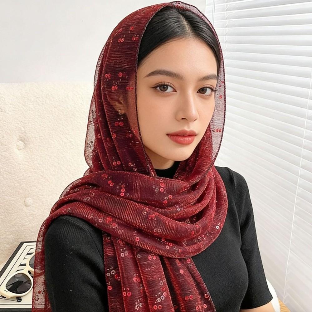 Luxury Shining Sequins Shawl Thin Transparent Breathable Silk Scarf Long Lightweight Head Wrap Party Occasion