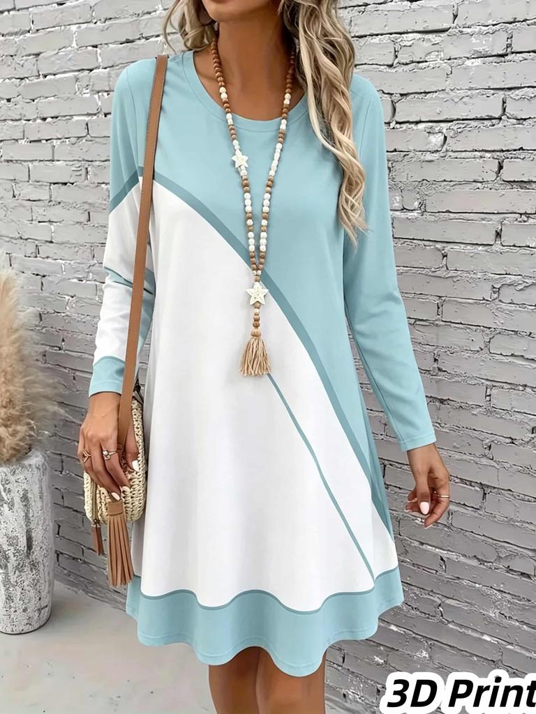 Spring Autumn Women Dress Casual Long Sleeve O-neck 3D Print Loose A-Line Dress Oversized Home Wear Robe