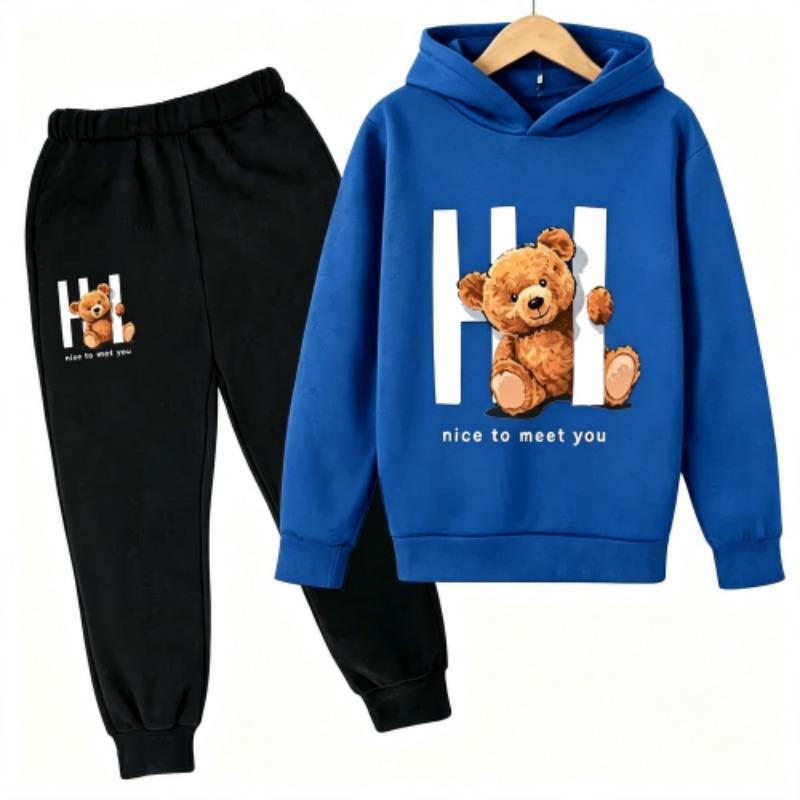 Spring Autumn Fashion Kawaii Anime Cartoon Teddy Bear Print Kids Pullovers Pants 2-piece Set Street Casual Fashion Hoodies Vintage Boy's Girl Clothes