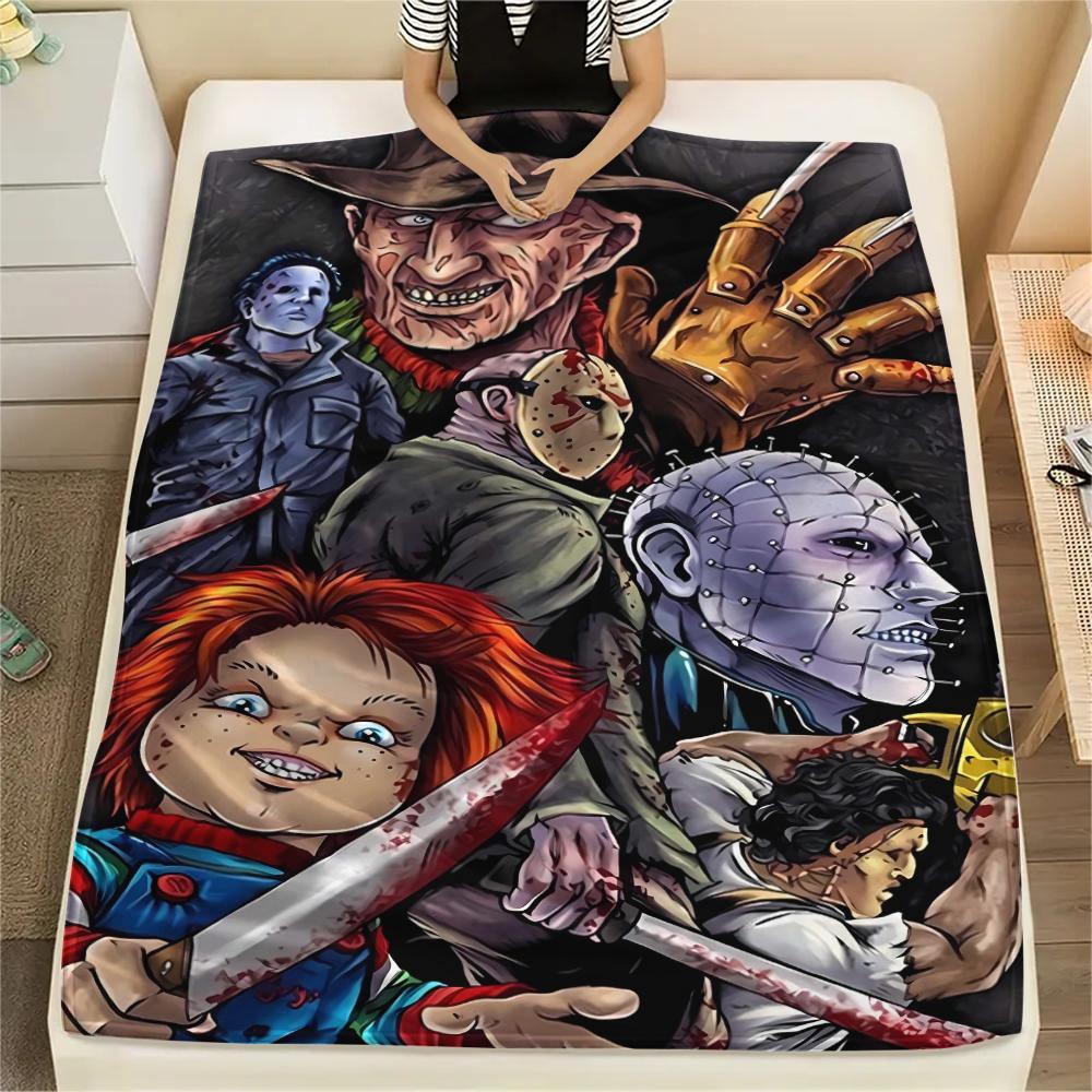 1 szt. Koc flanelowy z nadrukiem z filmu grozy, Wysokiej jakości, Wygodny na wszystkie pory roku, Wystrój domu, Ciepło i komfort, Idealny na prezenty świąteczne