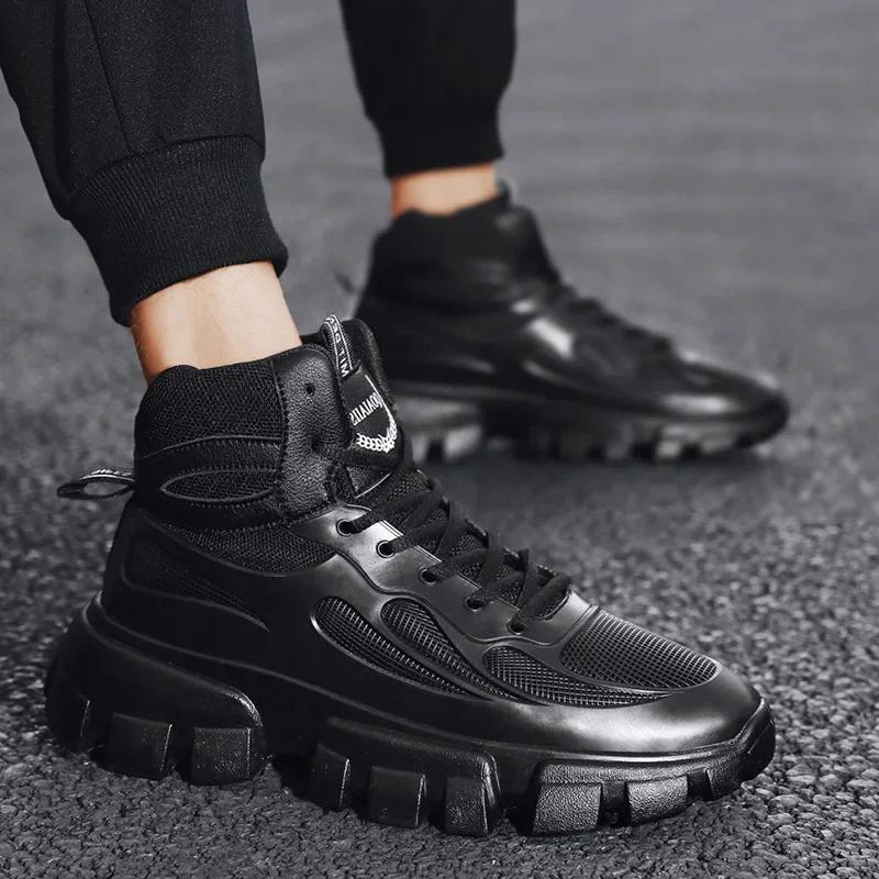 Black Men Boots Non Slip Winter Plus Velvet Outdoor Shoes for Men Round Shape Boots Leather Boots Black High Gang Platform Boots