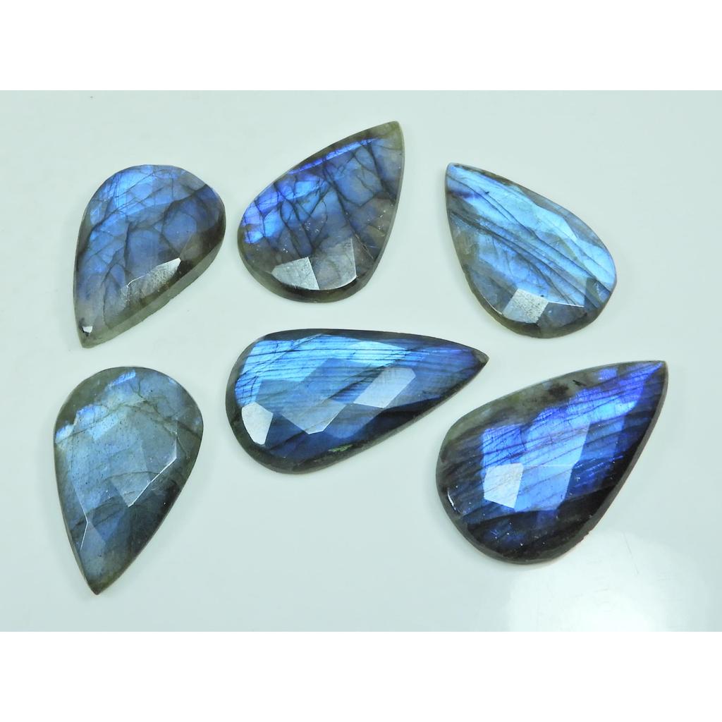 Natural Blue Labradorite Checker Cut Pear Cabochon Loose Gemstone 06 Pcs Lot C-3697