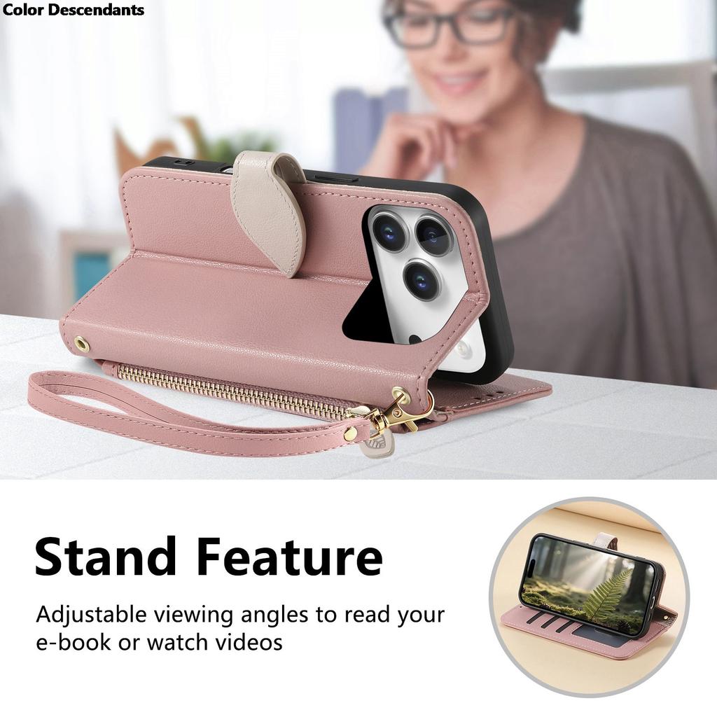 Zipper Wrist Strap Leather Wallet with Card Slot Phone Case for IPhone 17 Air 16 16E 15 14 13 12 Pro Max Plus Protective Cover