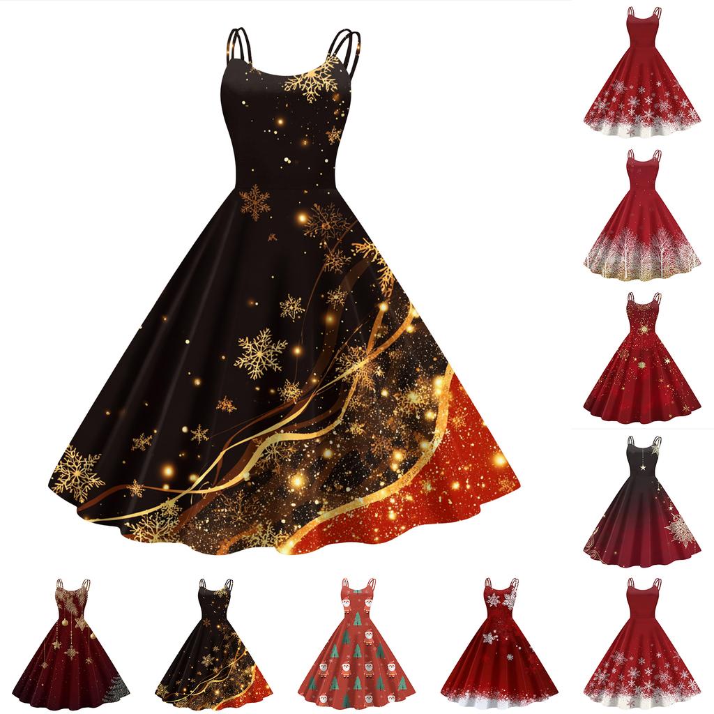 Women's Fashion Casual Christmas Print Sexy Off-the-shoulder Punk Retro Dress