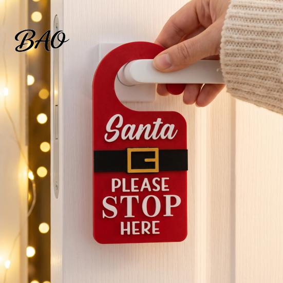 Kids Room Holiday Decor Christmas Door Handle Sign, Santa Please Stop Here Plastic Seasonal Ornaments Festive Knob Hanger Sign for Bedroom Decoration