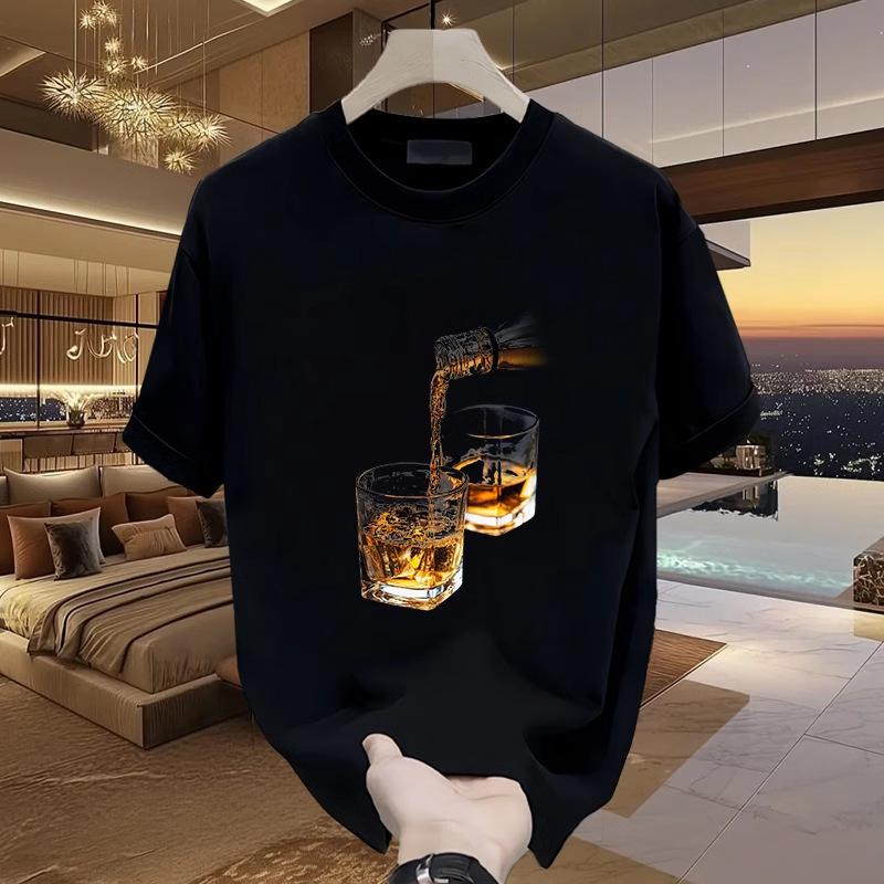 

Summer Round Neck Whiskey Pouring Printed Top Fashionable Casual Pure Cotton Short Sleeved Men s T-shirts S