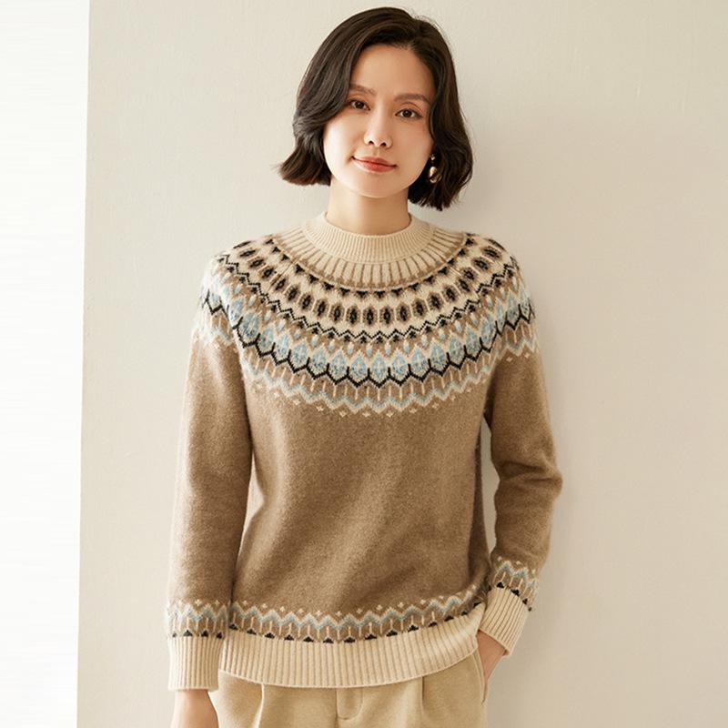 Women's Thickened Fair Isle Cashmere Pullover Sweater - Round Neck, Long-Sleeve, Double-Ply Wool Jacquard