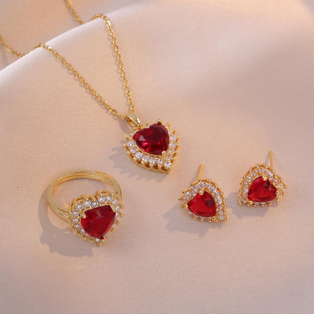 Sweet Romantic Love Studded with Zircon Ruby Earrings Ring Necklace Stainless Steel Accessories