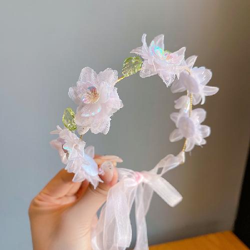 Children's Crown Flower Lace Headwear Cute Princess Garland Pearl Ribbon Hair Clasp Wedding Flower Girls Hair Accessories