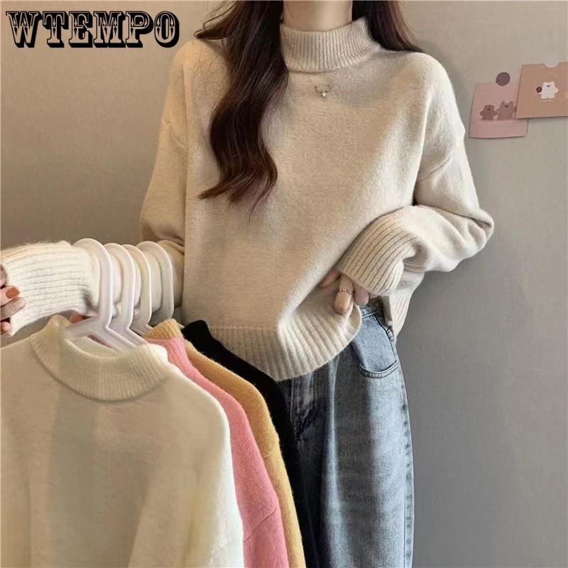 Korean-style Solid-color Sweater for Women In Autumn and Winter Half Turtleneck Pullover with Long-sleeved Knitted Sweater