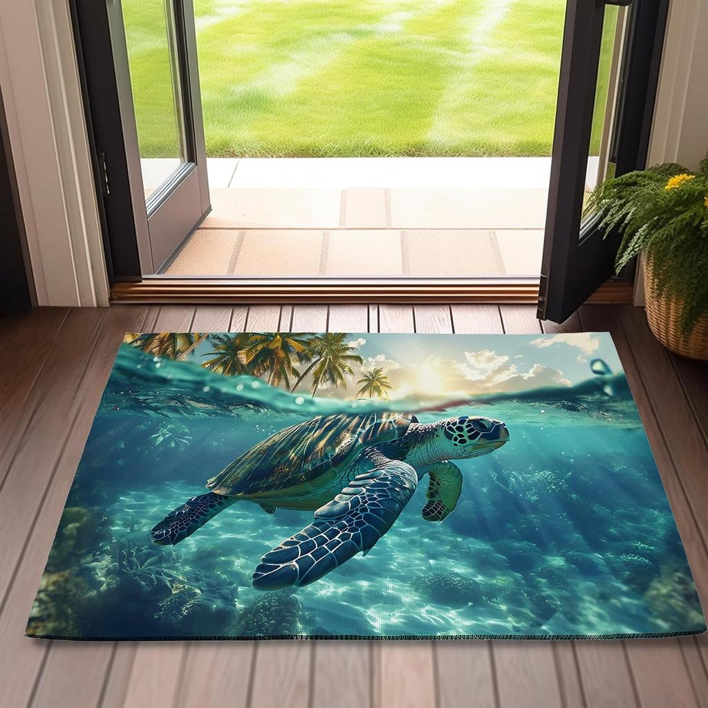 Large Tropical Sea Turtle Underwater Mat Rug Home Decor Door Entrance Carpet Ocean Beach Wildlife Waterproof Flooring Accent Art