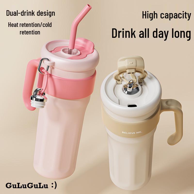 High-End 316 Stainless Steel Thermos Cup, Large Capacity, Double-Walled with Straw, for Outdoor Cold Drinks