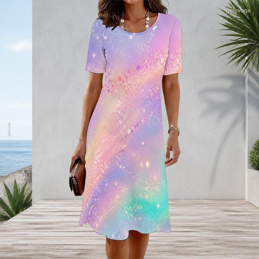 Women Plus Size Round Neck Short Sleeve Black Multicolor Printed A Line Flared Midi Dress