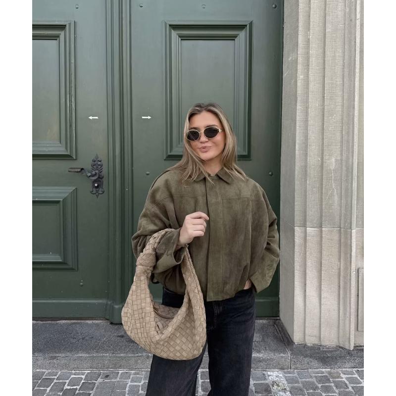 Women's Faux Suede Bomber Jacket, Batwing Sleeve Zip Up Coat, Loose Fit Lapel Casual Cropped Outerwear, Trendy Soft Textured Ladies Daily Wear Top