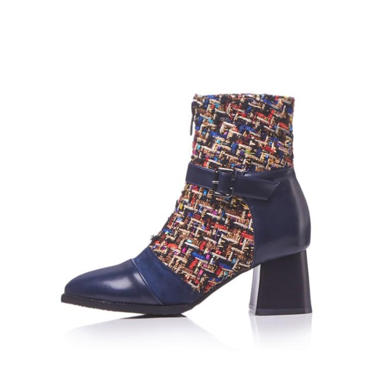 

Autumn and winter pointed Martin boots thick heel short boots European and American thousand bird plaid color matching belt buckle women s boots 45 синий