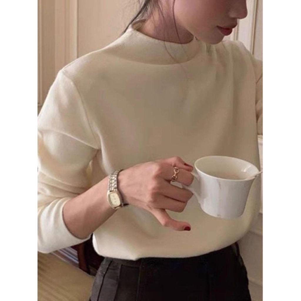 Women's Slim-Fit Semi-High Neck Knit Long-Sleeve Top for Autumn and Winter