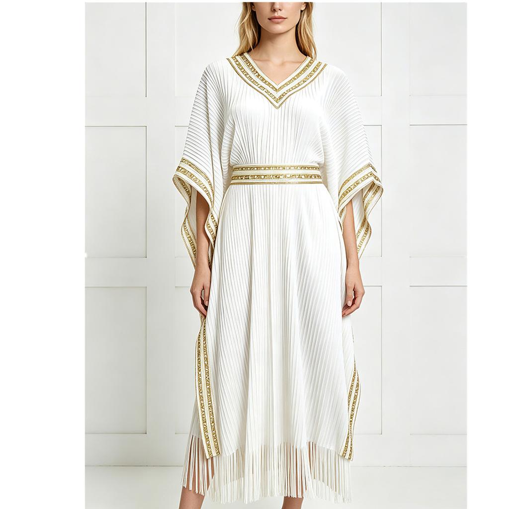 Schwarz Gold Spitzenbesatz Kaftan Abaya Damen V-Ausschnitt Fledermausärmel Quasten Saum Plissiert Lang Maxikleid Islamisch Dezent Lässig Robe