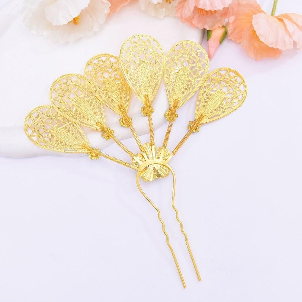 Crystal Rhinestone Flower Hairpin Metal Ethnic Headdress Jewelry Thai Style Leaf Hair Stick  Party