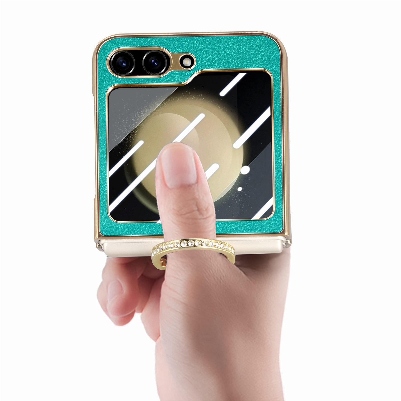 

Блестящий держатель-кольцо для пальца Кожаный чехол для Samsung Galaxy Z Flip 5 Flip5 Flip4 Flip 4 5G Zflip5 Защитная пленка из закаленного стекла for Samsung Z Flip 4