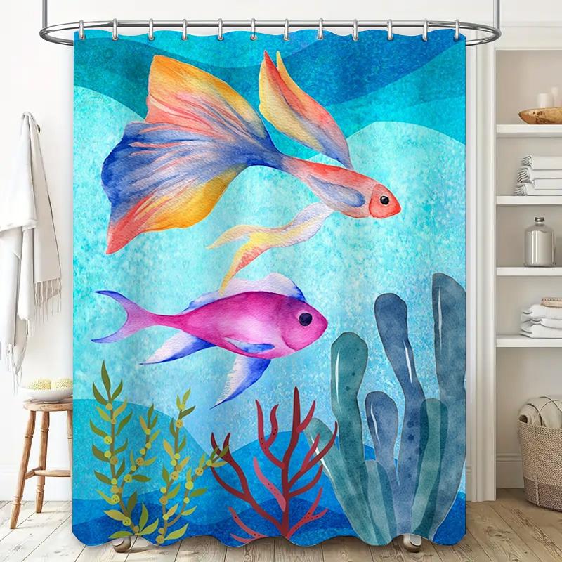 Bright Fish Watercolor Shower Curtain Underwater Scene Decor for Bathroom Tinted Fabric Bath Mat, 180 X 259cm