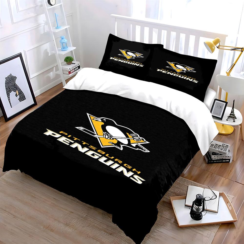 Pittsburgh Penguins Hockey Logo Design Print Bedding Set Duvet Cover Pillowcases (1* Duvet Cover 2* Pillowcases Do Not Include Comforter)