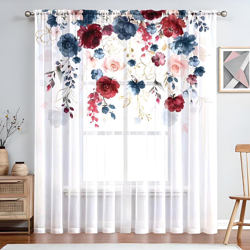 1PC Elegant Wisteria Flower Sheer Curtains - Purple Floral Design with Green Leaves, Rod Pocket Top for Living Room, Kitchen, Bedroom, Balcony