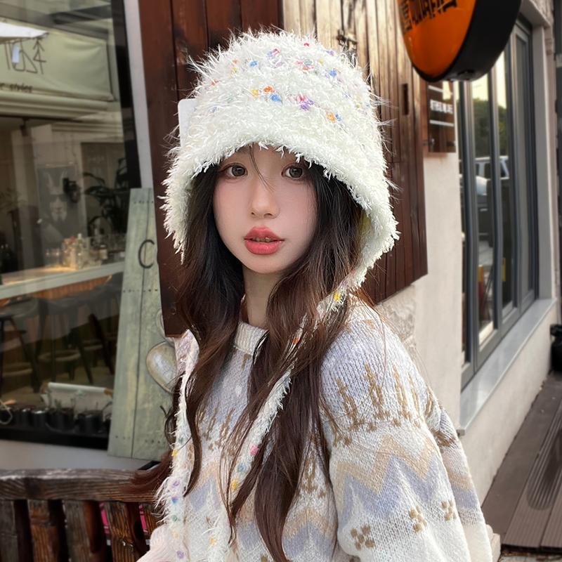 Lace Lace Bucket Hat Autumn and Winter Warm Knitted Pot Hat Versatile Face Small Sweet Wool Hat Women
