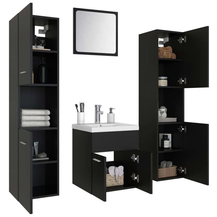 Ensemble de meubles de salle de bain - VIDAXL - Noir - Armoire de rangement - Lavabo en céramique - Miroir mural