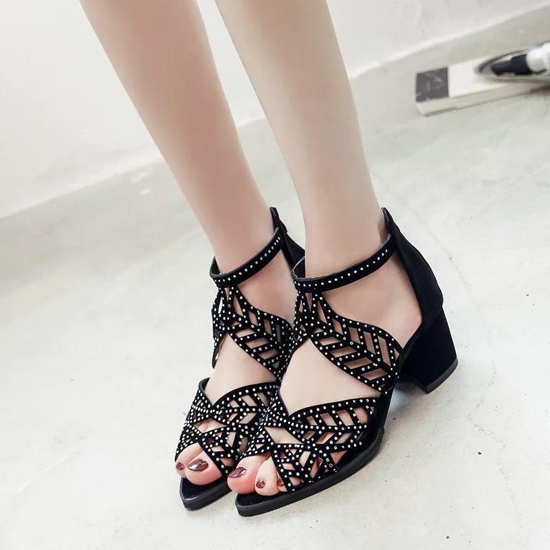 Fashion 2025 Fashionable Rhinestone Fish Mouth  Women's Summer New Hollow-out Large Size Chunky Heel Midheel Back Zipper Sandals