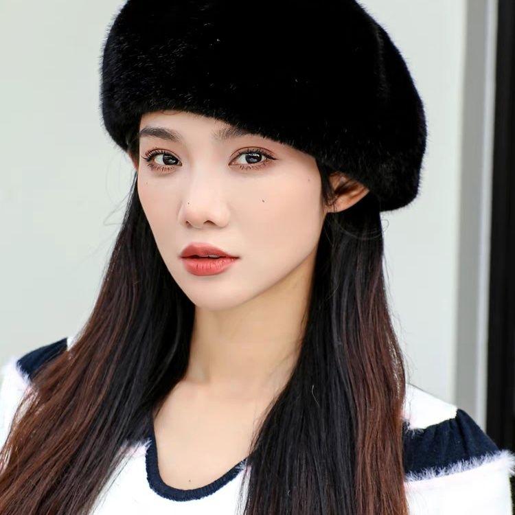 

Зимняя модная шапка-берет из искусственного меха норки для женщин - теплая художественная шапка в стиле ретро с застежкой-пряжкой, ручная вязка, неэластичная, праздничная чёрный