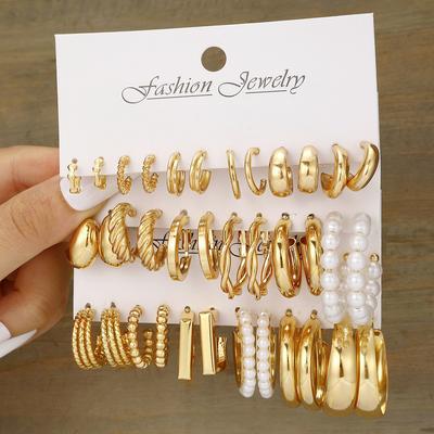 Fashion Geometric Hoop Earrings Set for Women Vintage Bohemian Pearl Gold Color Round Earring Punk Daily Wear Jewelry Gifts