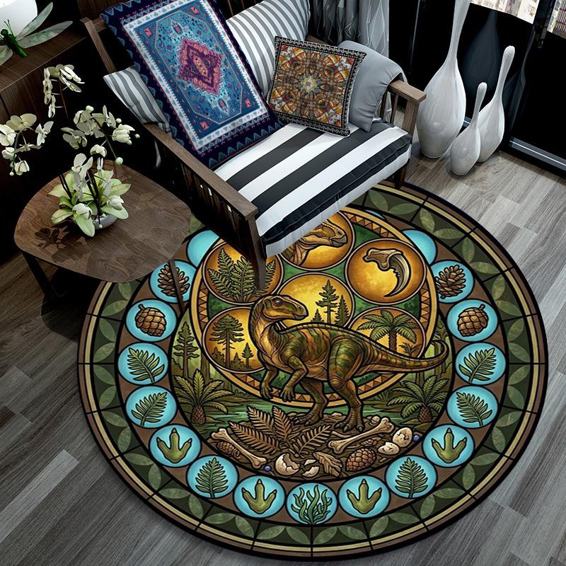 Dinosaur Glass Art Round Area Rug Under Office Chairs Bedroom Living Room Home Decor 80cm x 80cm