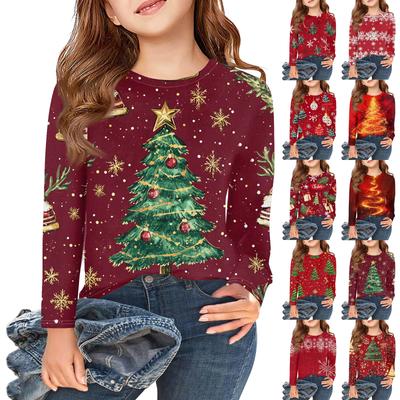 Christmas Day Girls Long Sleeve T Shirts Kids Fall Tops Crewneck Printed Basic Tees