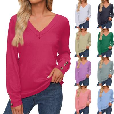 Tops femininos manga comprida punhos camisa com botões decote em v casual camiseta solta roupas de outono