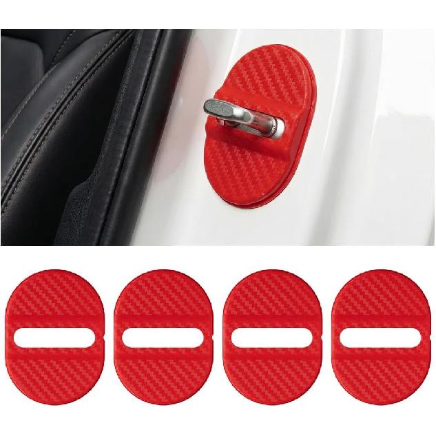 Car Door Latch Lock Cover, 4PCS Carbon Fibre Shock Absorption Vehicle Door Latch Protective Cover, Noise Reduction Automotive Lock Protector,