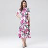 Casual Shirt Dress Women's Lapel Rose Printed Single Breasted Lace Up Belt Short Sleeve Midi Long Summer Dress