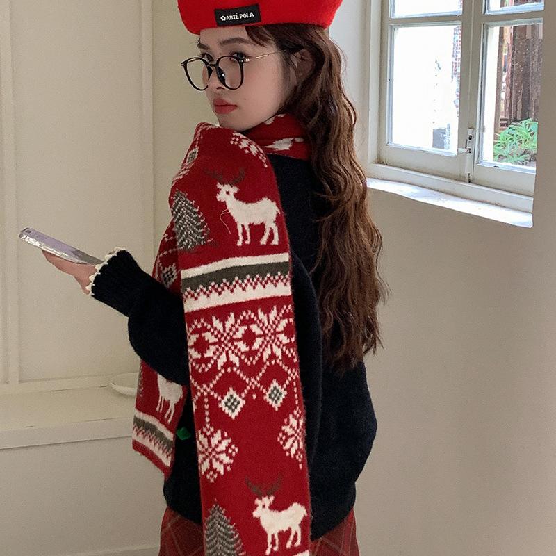 Red Christmas tree deer new knitted scarf women keep warm winter atmosphere holiday gift wool scarf men