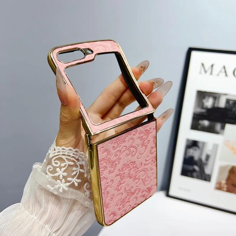 PU Leather Electroplate Luxury Phone Case for Samsung Galaxy Z Flip 6 5 4 3 Flip5 Flip4 Flip3 5G Protective Shockproof  Cover