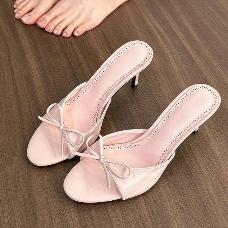 New Style Butterfly-knot Peep Toe Women Slippers Fashion Thin Heels Sandals Casual Party Dress Slide Summer Shoes Zapatos Mujer