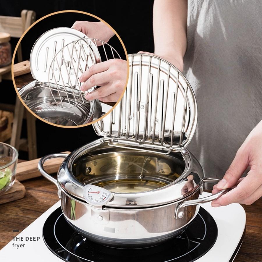 Deep Frying Pot with Thermometer&Lid for Kitchen Stainless Steel Pans Japanese Tempura Fryer Pan Fried Chicken Pot Cooking Tool