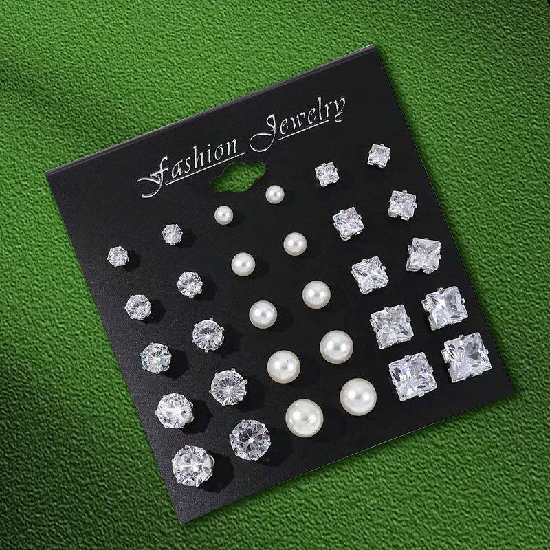 12 Pairs of Zircon Pearl Stud Earrings Set Simple and Versatile Earrings