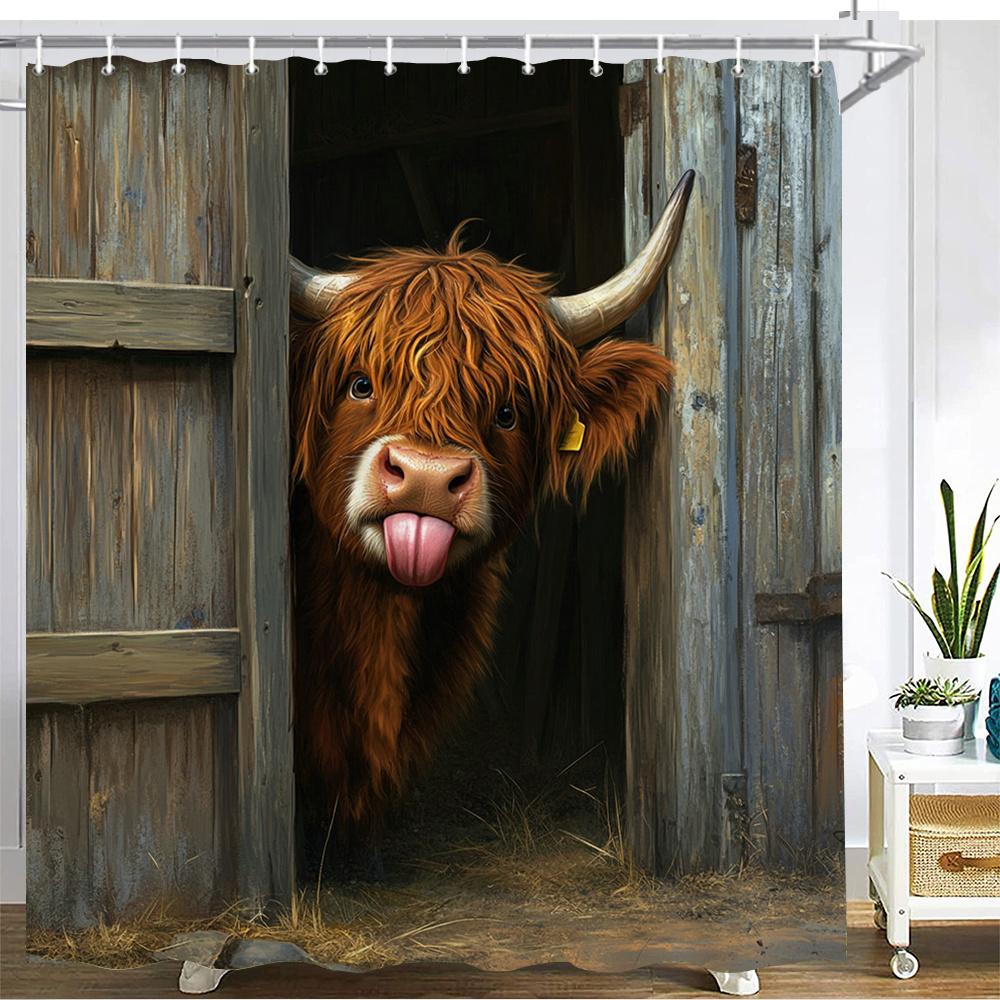 Funny Highland Cow In Barn Shower Curtain Waterproof Easy To Clean Privacy Protection Print Farm Animal Art Design Rustic12Kooks