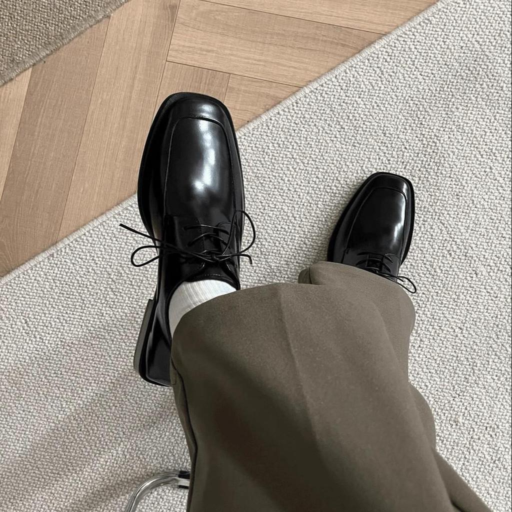 Herrenschuhe Schwarz Leder Quadratische Spitze Derby - Höhensteigernd, Dicke Sohle, Britischer Stil, Formell & Lässig für Business, Hochzeiten & Bräutigame.